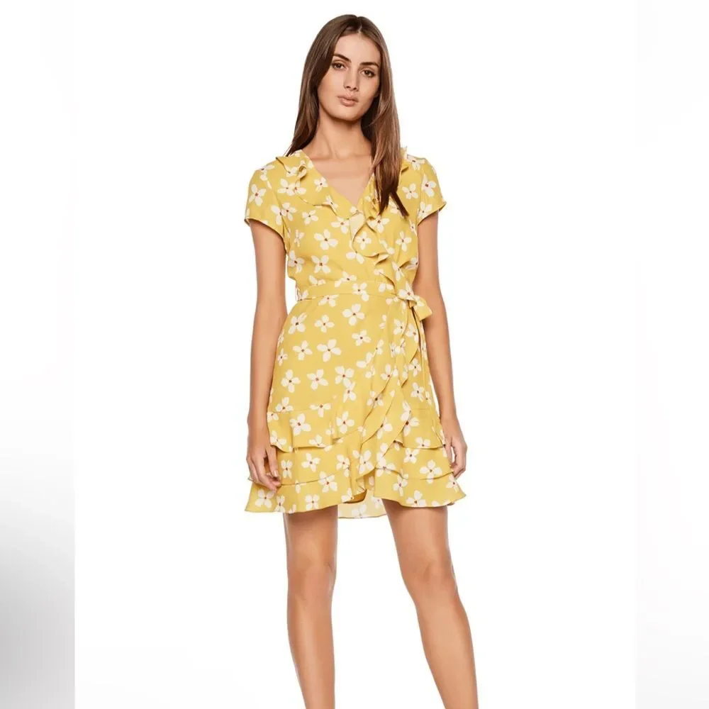 Bardot Abstract Daisy Mini Yellow Floral Ruffle Spring Tiered Dress Women 10